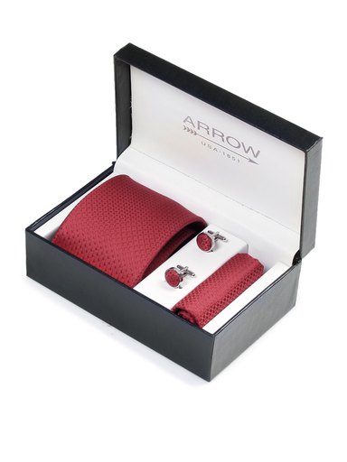Arrow Men Formal Red Tie+Cufflink+Pocket square - Combo Pack