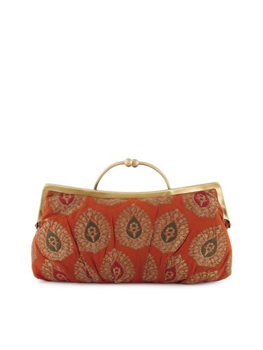 Fabindia Women Orange Brocade Clutch