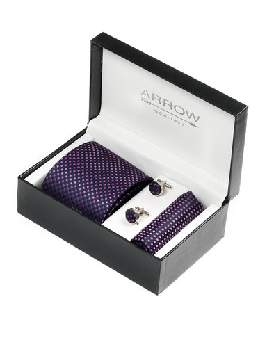Arrow Men Formal Purple Tie+Cufflink+Pocket square - Combo Pack