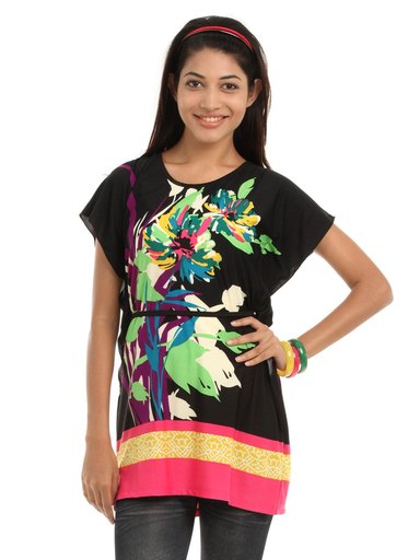 109F Women Black Printed Kaftan Tunic